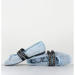Online OA NON FASHION Ballerines en mesh ciel à strass & double brides en cuir noir - MISTY CRISTALLO CELESTE BLEU