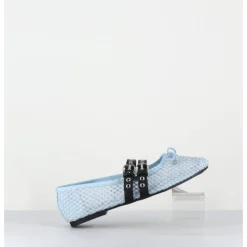 Online OA NON FASHION Ballerines en mesh ciel à strass & double brides en cuir noir - MISTY CRISTALLO CELESTE BLEU