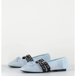 Online OA NON FASHION Ballerines en mesh ciel à strass & double brides en cuir noir - MISTY CRISTALLO CELESTE BLEU