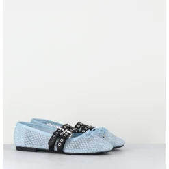 Online OA NON FASHION Ballerines en mesh ciel à strass & double brides en cuir noir - MISTY CRISTALLO CELESTE BLEU