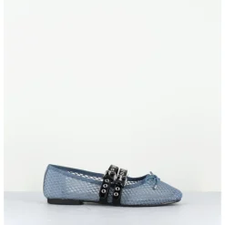 New OA NON FASHION Ballerines en mesh jean & double brides en cuir noir - DIANA NET CELESTE BLEU
