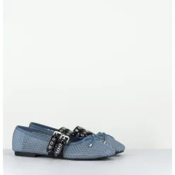 New OA NON FASHION Ballerines en mesh jean & double brides en cuir noir - DIANA NET CELESTE BLEU