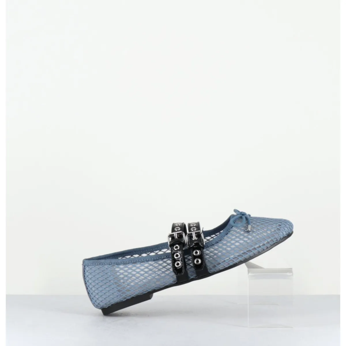 New OA NON FASHION Ballerines en mesh jean & double brides en cuir noir - DIANA NET CELESTE BLEU