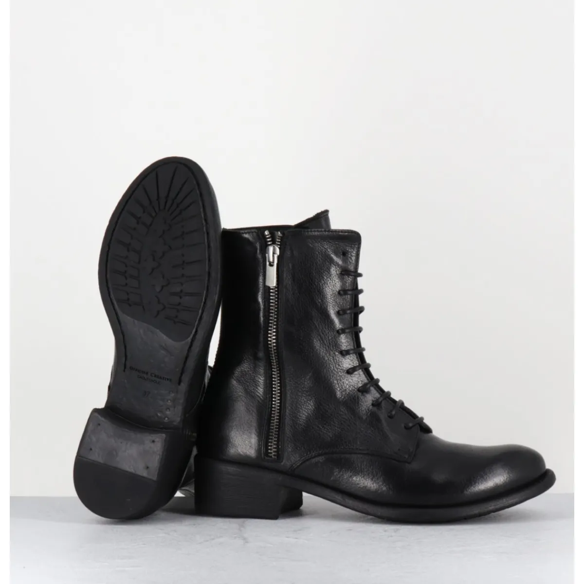 Clearance OFFICINE CREATIVE Boots à lacets en cuir zip extérieur - LISON CAOU063 NERO NOIR