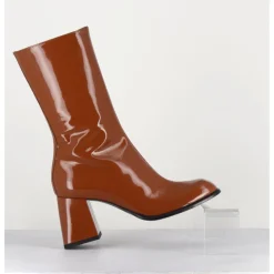 Clearance GARRICE LAB Boots à talon 70s en cuir vernis marron orangé - YA2240 CUOIO CAMEL