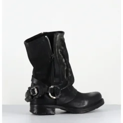Online A.S.98 Boots bikers cuir noir et doré double zip - A50238 NERO GOLD
