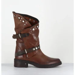 Online GARRICE LAB Boots bikers plates cuir camel & rivets - GOULA RAG CACAO MARRON