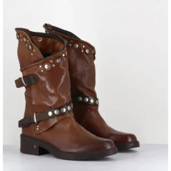 Online GARRICE LAB Boots bikers plates cuir camel & rivets - GOULA RAG CACAO MARRON