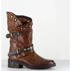 Online GARRICE LAB Boots bikers plates cuir camel & rivets - GOULA RAG CACAO MARRON