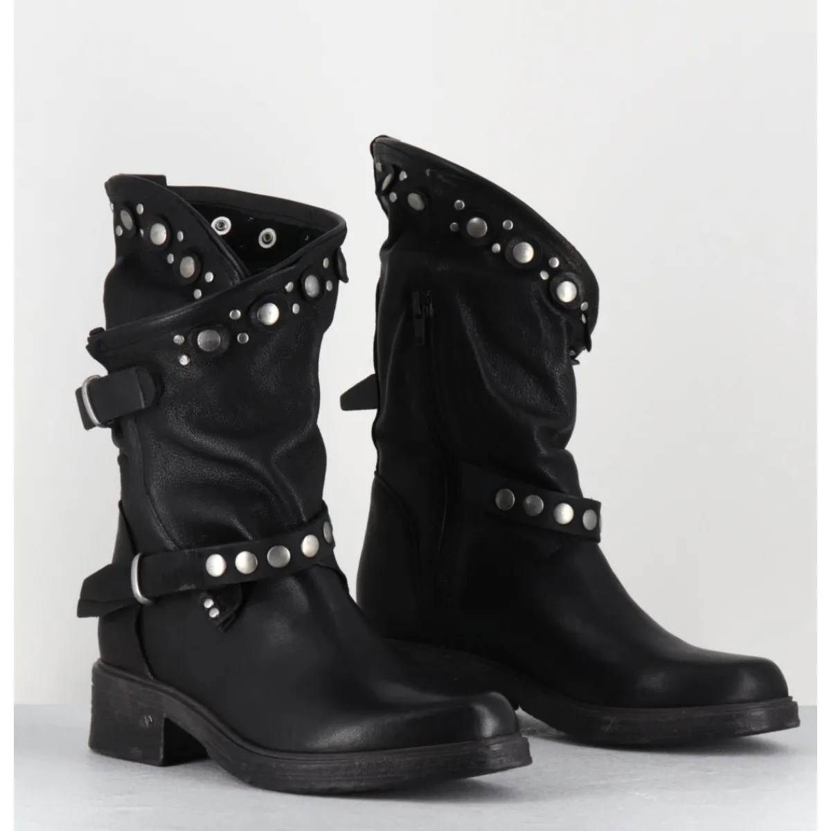 New GARRICE LAB Boots bikers plates cuir & rivets - GOULA RAG NERO NOIR