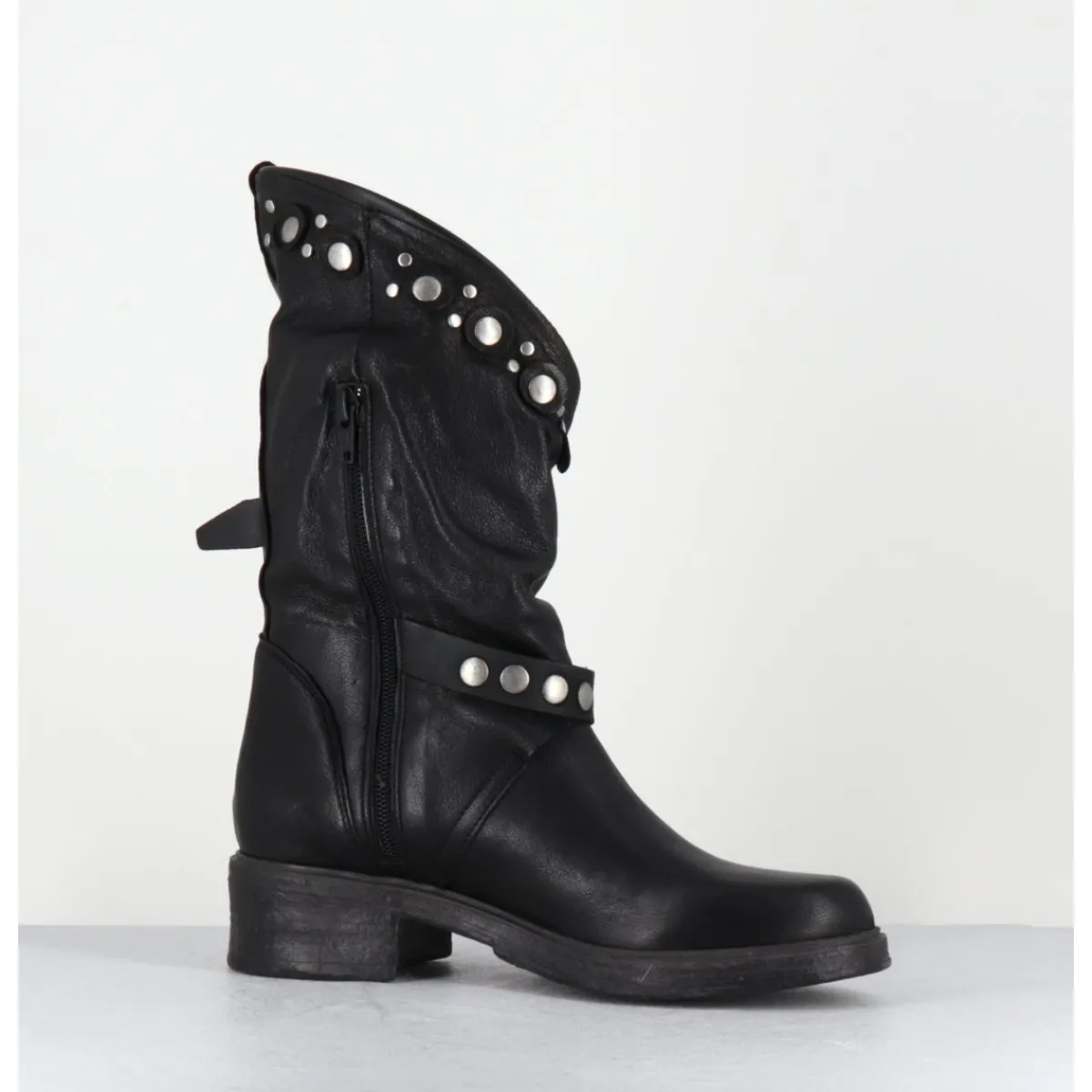 New GARRICE LAB Boots bikers plates cuir & rivets - GOULA RAG NERO NOIR