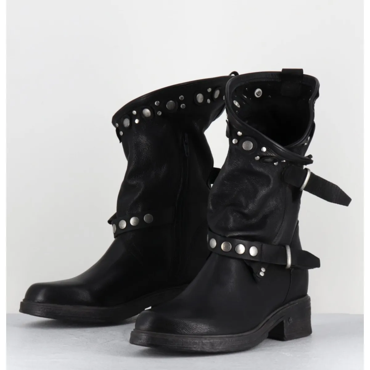 New GARRICE LAB Boots bikers plates cuir & rivets - GOULA RAG NERO NOIR