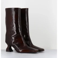 Online MIISTA Boots bout carré en cuir froisse talon gomme - SHONA BROWN BOOTS MARRON
