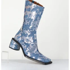 Best MIISTA Boots bout carré jean distressed et cuir argent - REIKO DENIM BOOTS JEANS