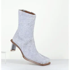 Online MIISTA Boots bout carré petit talon en cuir effet jean usé bleu - BRENDA DENIM BOOTS JEANS