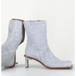 Online MIISTA Boots bout carré petit talon en cuir effet jean usé bleu - BRENDA DENIM BOOTS JEANS