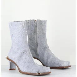 Online MIISTA Boots bout carré petit talon en cuir effet jean usé bleu - BRENDA DENIM BOOTS JEANS