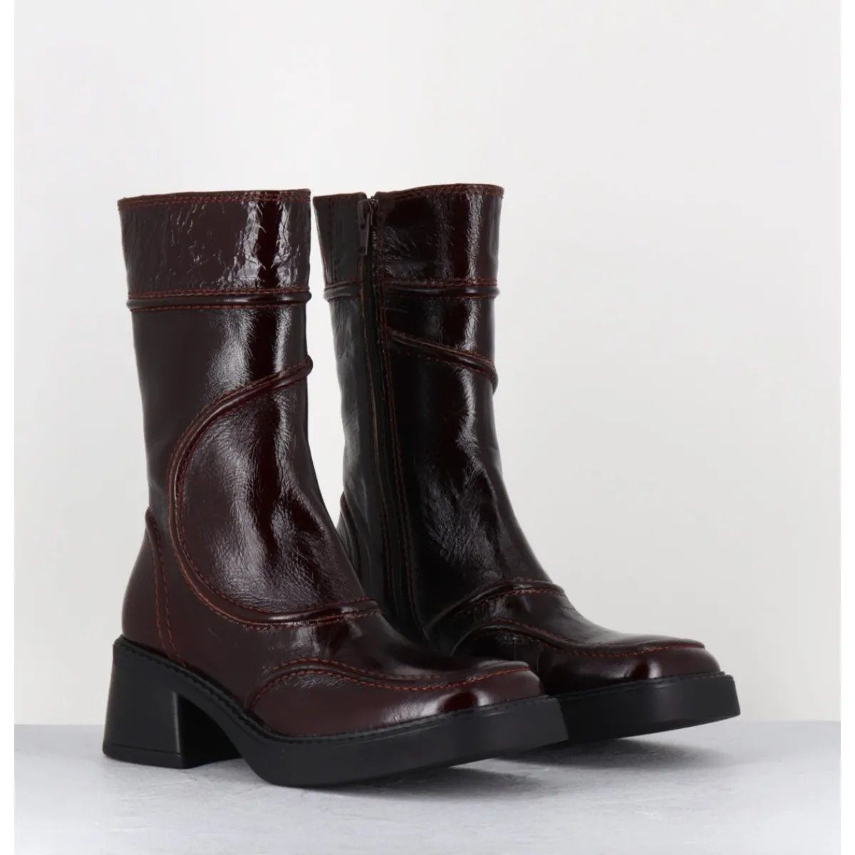 Clearance E8 BY MIISTA Boots cuir x surpiqûres 90's - MALENE BURGUNDY BOOTS BORDEAU