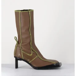Outlet MIISTA Boots en cuir marron coutures graphiques vertes - EIMI GREEN BOOTS