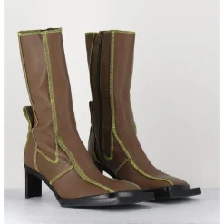 Outlet MIISTA Boots en cuir marron coutures graphiques vertes - EIMI GREEN BOOTS