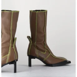 Outlet MIISTA Boots en cuir marron coutures graphiques vertes - EIMI GREEN BOOTS