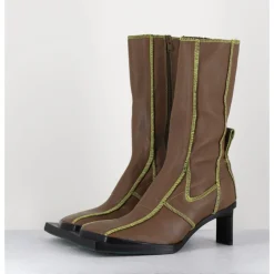 Outlet MIISTA Boots en cuir marron coutures graphiques vertes - EIMI GREEN BOOTS