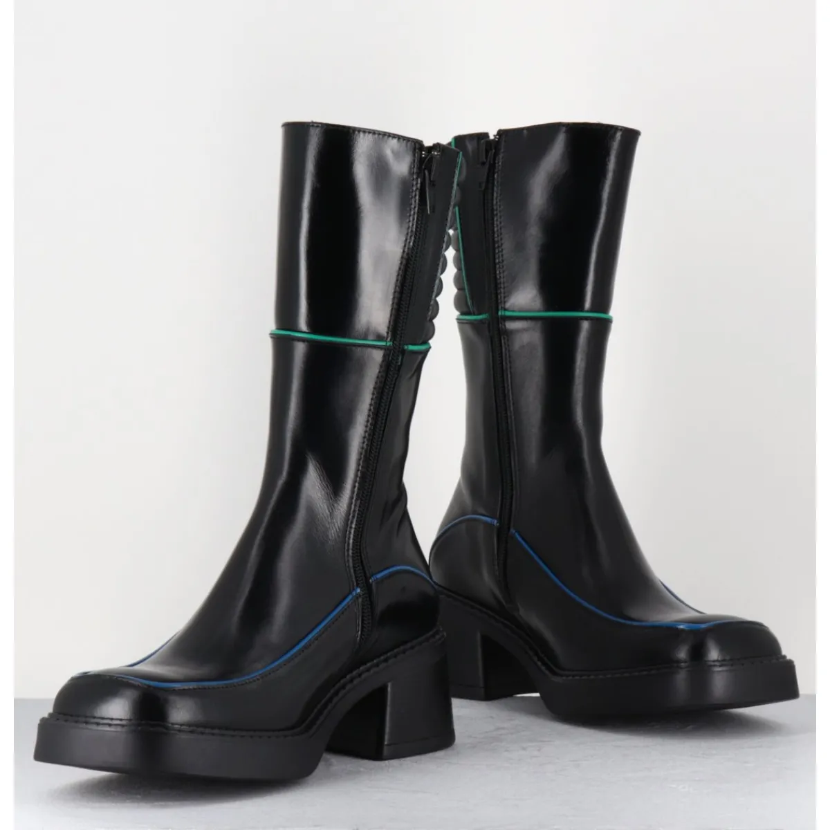 Online E8 BY MIISTA Boots en cuir & surpiqûres vert + bleu - KERRI BLACK BOOTS NOIR