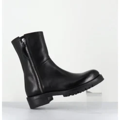 Clearance ALBERTO FASCIANI Boots plates en cuir pures avec zip extérieur - EVA 82042 BLACK NOIR