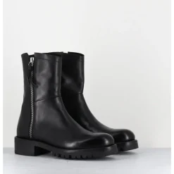 Clearance ALBERTO FASCIANI Boots plates en cuir pures avec zip extérieur - EVA 82042 BLACK NOIR