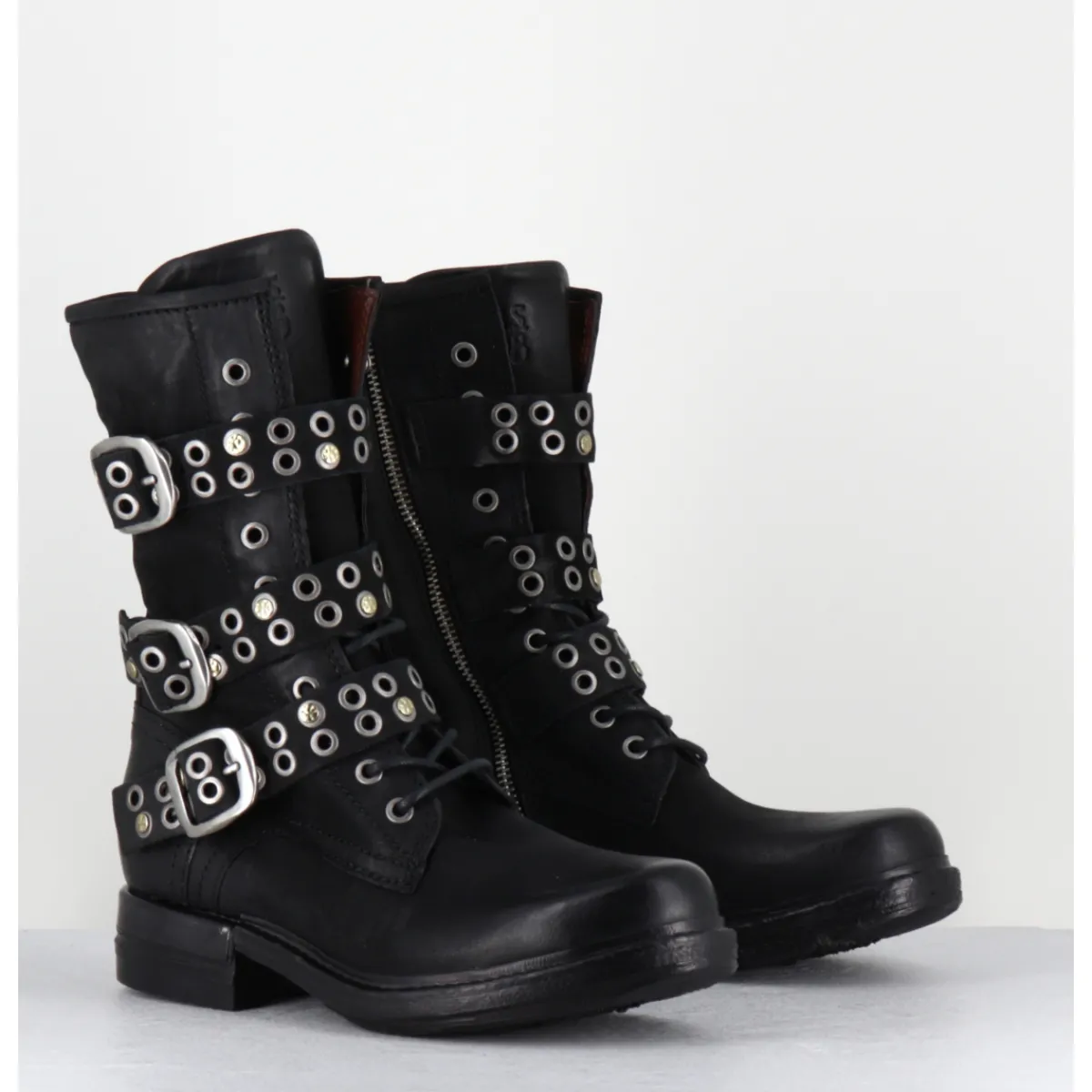 Best A.S.98 Boots rangers à lacets en cuir sangles cloutées - B80204 NERO NOIR