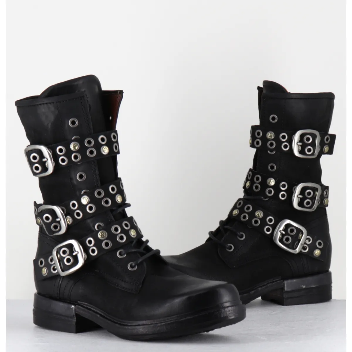 Best A.S.98 Boots rangers à lacets en cuir sangles cloutées - B80204 NERO NOIR