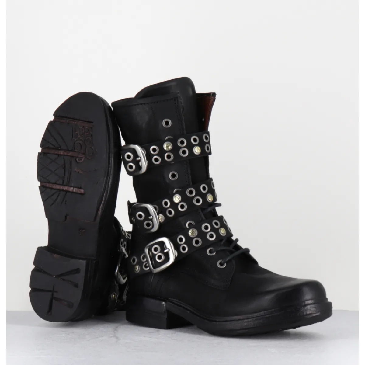 Best A.S.98 Boots rangers à lacets en cuir sangles cloutées - B80204 NERO NOIR