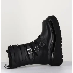 Hot 3JUIN Boots rangers compensées en cuir - MIA HOLY BLACK NOIR