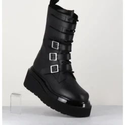 Hot 3JUIN Boots rangers compensées en cuir - MIA HOLY BLACK NOIR