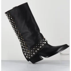 Clearance ELENA IACHI Boots santiags à guêtre en cuir & clous - E3711 NATURE NERO NOIR