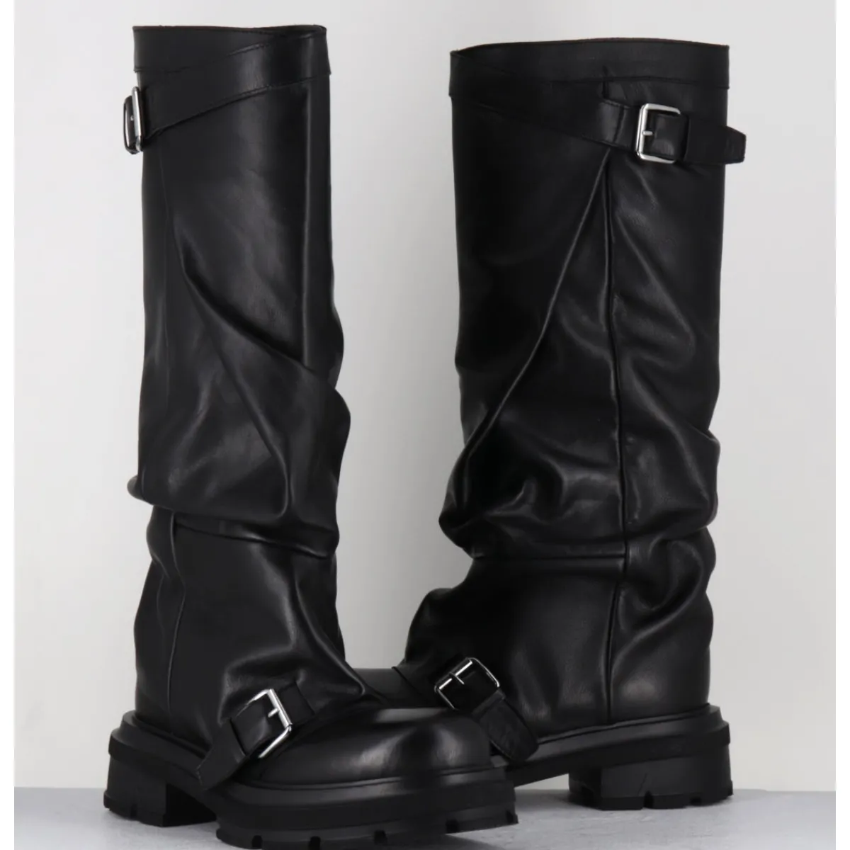 Clearance ELENA IACHI Bottes en cuir à tige large & boucles - E4010-L NATURE NERO NOIR