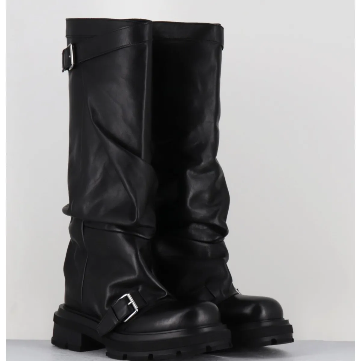 Clearance ELENA IACHI Bottes en cuir à tige large & boucles - E4010-L NATURE NERO NOIR