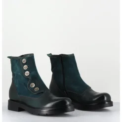 Hot GARRICE LAB Bottines plates à boutons en cuir vert & - LACO CARLY PETROLIO BLEU