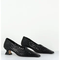 MIISTA Escarpins petit talon en cuir tressé bout carré - GISLA BLACK COURT NOIR