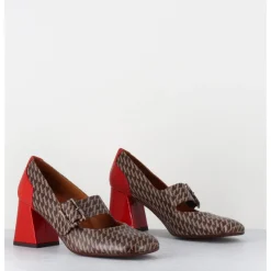 New CHIE MIHARA Mary-Jane à talon en cuir imprimé pied-de-poule & talon vernis rouge - SYSA GALLO TESTA