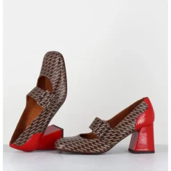 New CHIE MIHARA Mary-Jane à talon en cuir imprimé pied-de-poule & talon vernis rouge - SYSA GALLO TESTA