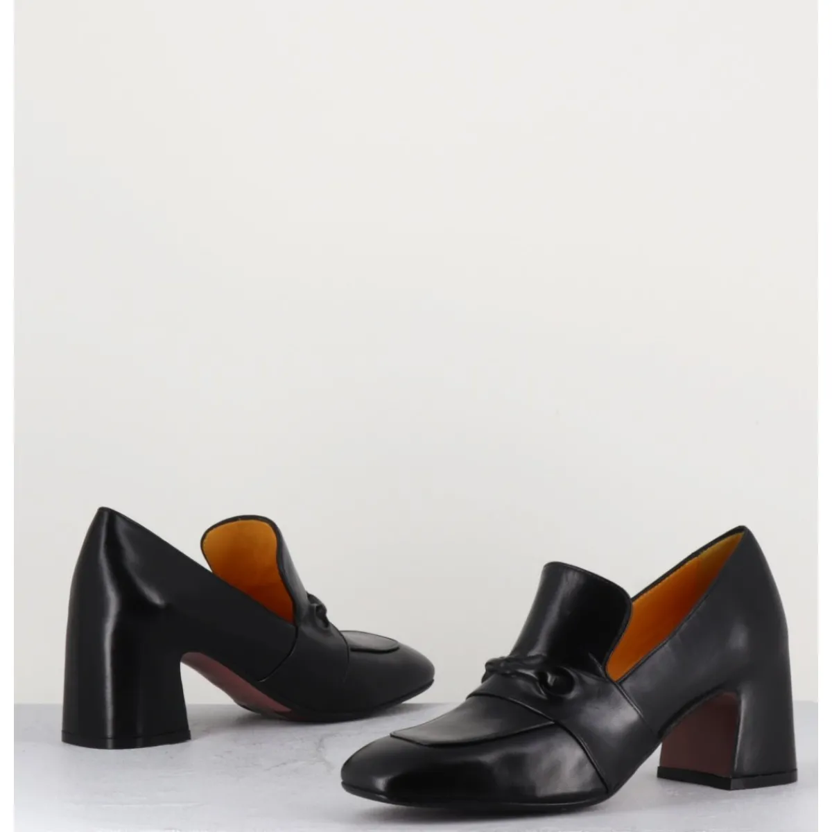 Hot MARA BINI Mocassins à talon 70s en cuir bout carré - F511 SETA BLACK NOIR