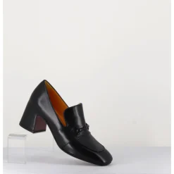 Hot MARA BINI Mocassins à talon 70s en cuir bout carré - F511 SETA BLACK NOIR