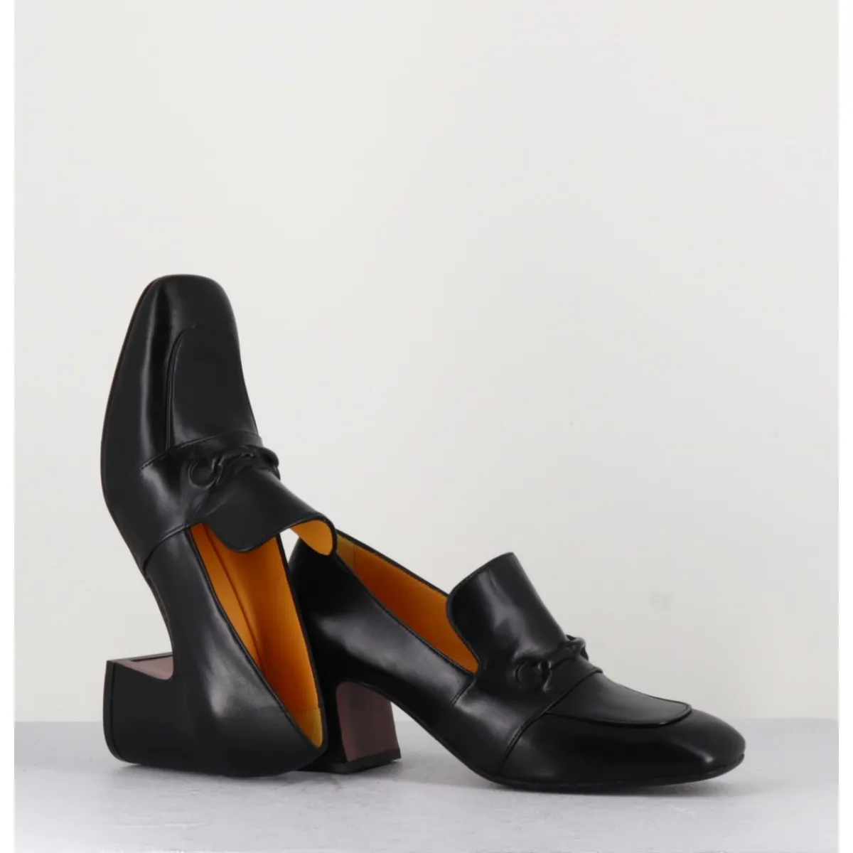 Hot MARA BINI Mocassins à talon 70s en cuir bout carré - F511 SETA BLACK NOIR