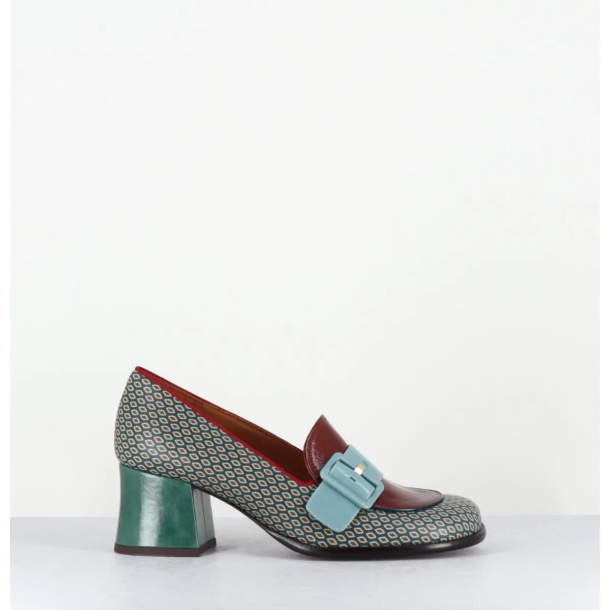 Outlet CHIE MIHARA Mocassins petit talon cuir imprimé rétro multi - MEISIN44 SHOWER BLUE