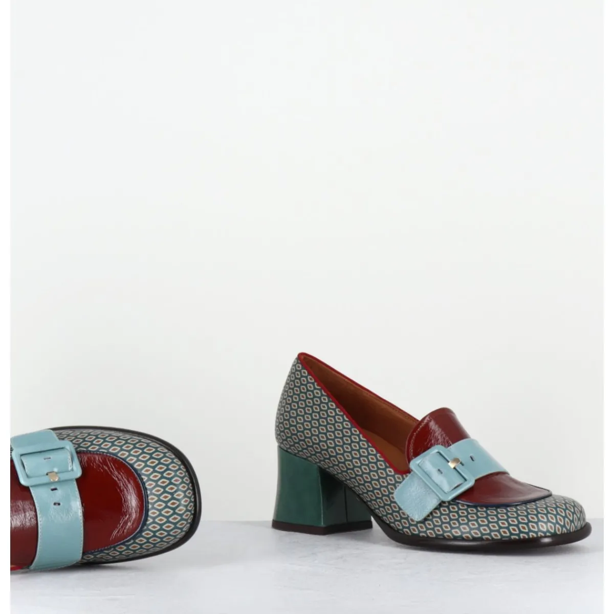 Outlet CHIE MIHARA Mocassins petit talon cuir imprimé rétro multi - MEISIN44 SHOWER BLUE