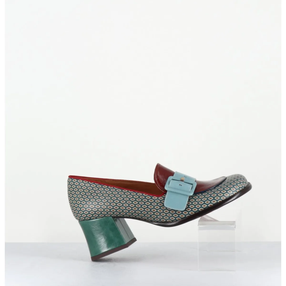 Outlet CHIE MIHARA Mocassins petit talon cuir imprimé rétro multi - MEISIN44 SHOWER BLUE