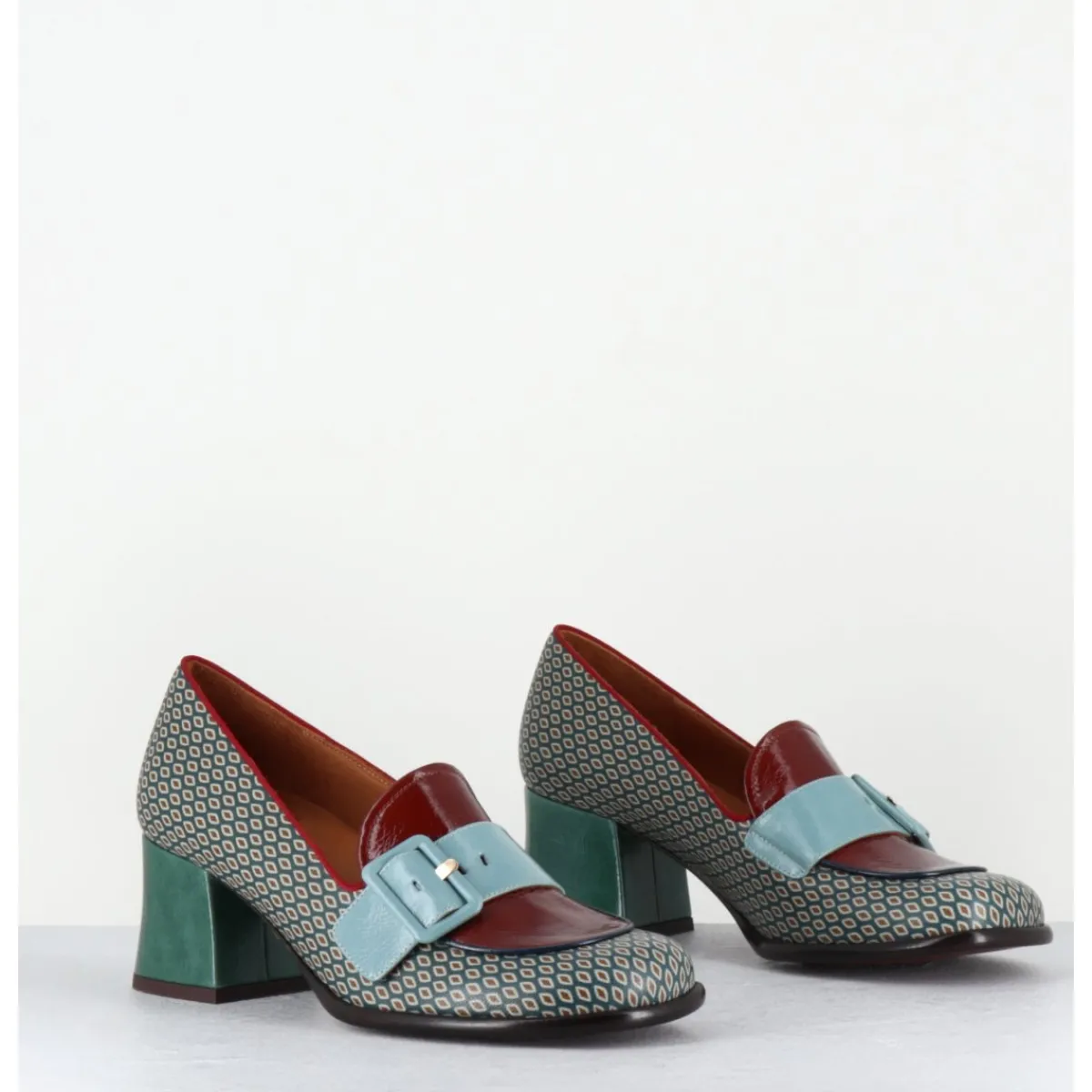 Outlet CHIE MIHARA Mocassins petit talon cuir imprimé rétro multi - MEISIN44 SHOWER BLUE