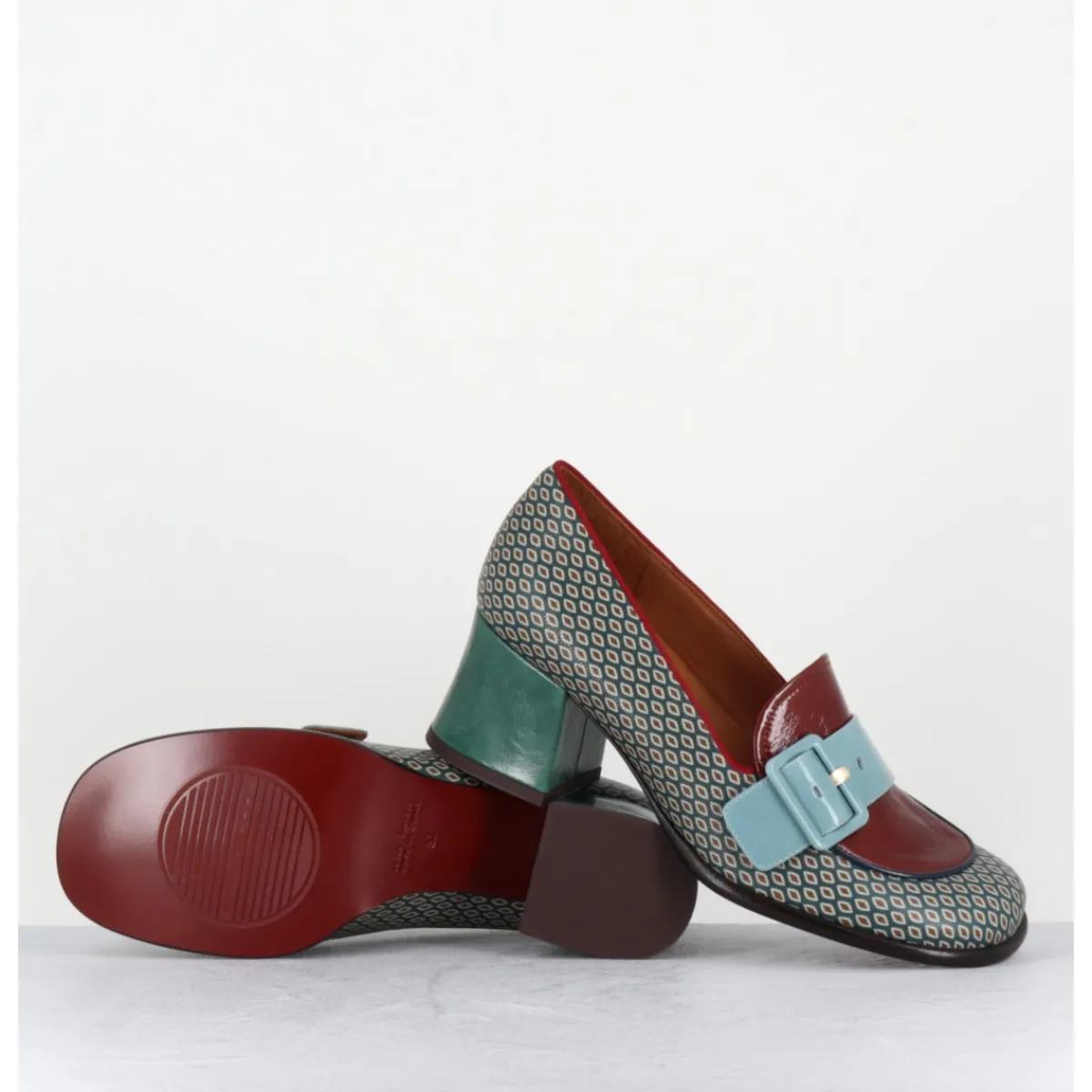 Outlet CHIE MIHARA Mocassins petit talon cuir imprimé rétro multi - MEISIN44 SHOWER BLUE