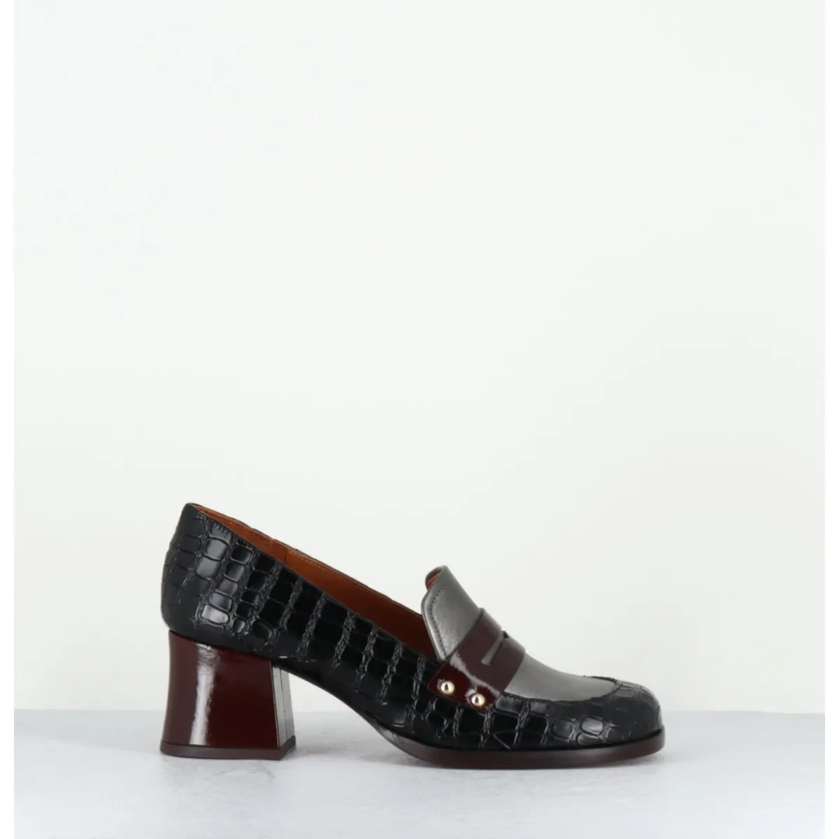 Outlet CHIE MIHARA Mocassins petit talon cuir imprimé croco noir - TADEO MONDA NEGRO